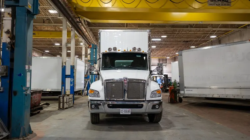 Straight truck in a service bay