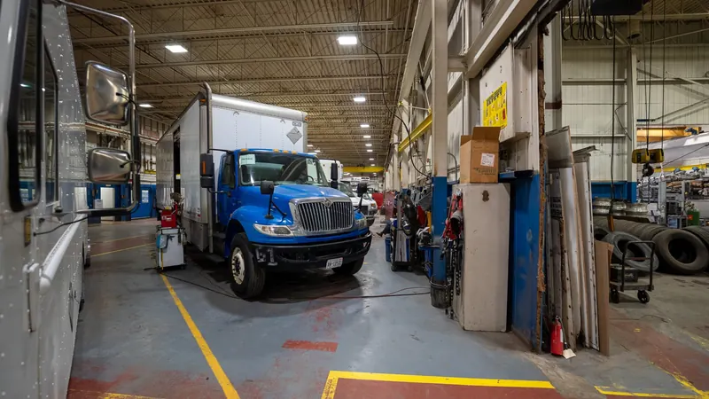 Trucks lined up in the service bays
